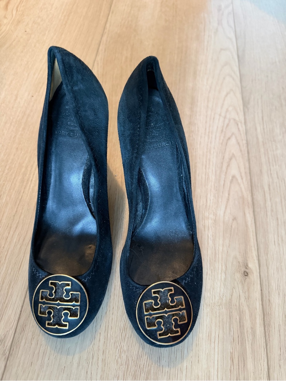 Tory Burch Black Suede Pumps with Gold Logo Medallions